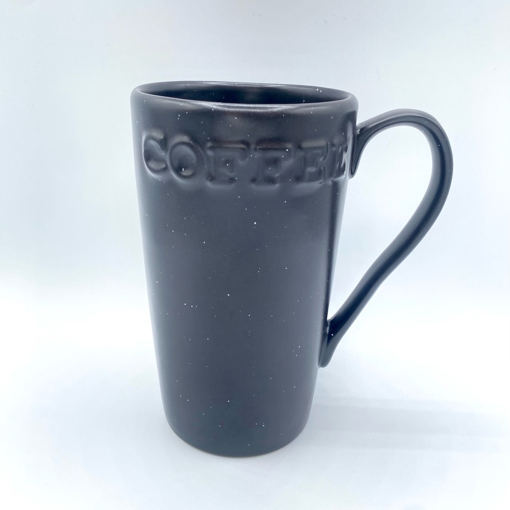 Primagera Coffee Tea Mug Cup Matte Black Spotted Raised Spellout Portugal 6" EUC